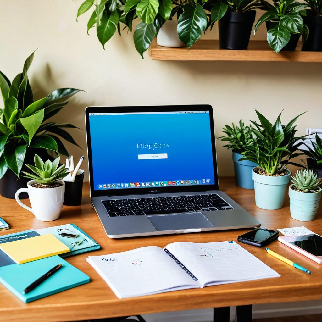 A vibrant workspace filled with colorful stationery, a laptop displaying a blog dashboard, and an open notebook with handwritten notes. A cup of coffee and a potted plant add warmth to the scene, symbolizing creativity and inspiration. The background features a faint outline of famous blogging icons and tools to emphasize online success. bright colors. modern design.