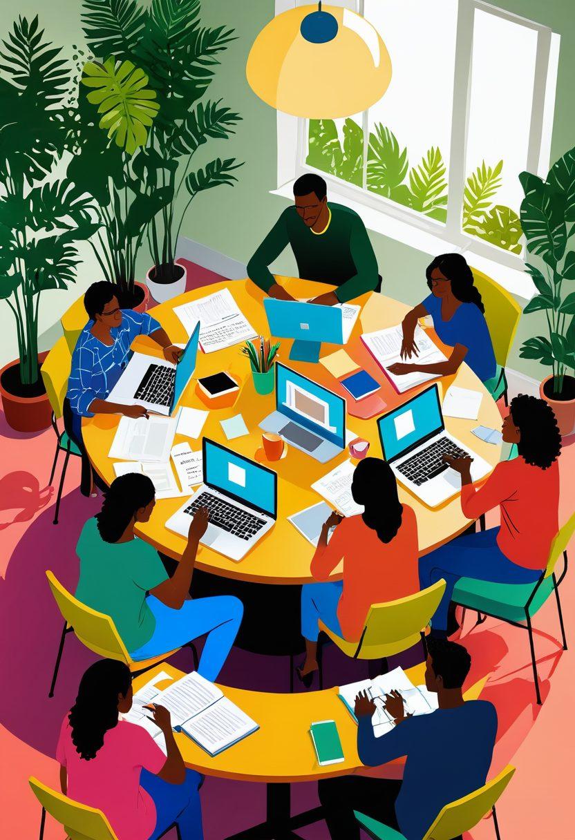 A vibrant and inviting illustration of a diverse group of bloggers sitting together at a round table, sharing ideas with laptops and notebooks, surrounded by colorful post-it notes and books labeled 'Resources' and 'Advice'. The atmosphere is collaborative and energetic, with soft lighting and green plants in the background, symbolizing growth. Digital art style. vibrant colors. warm tones.